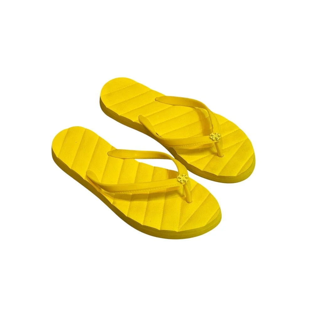 Tory Burch Yellow Quilted Texture Flip Flops Double T Logo Sandals Women Size 9